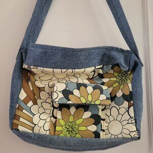 OOAK Upcycled Denim & 70s Vintage Floral Crossbody Bag - Boho/Retro